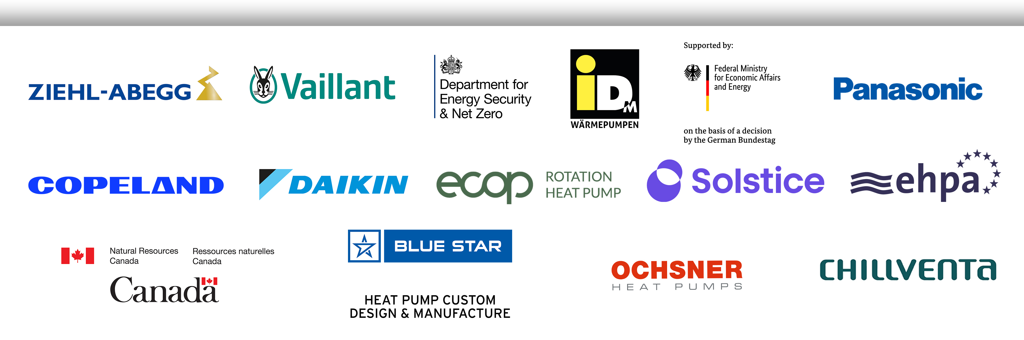 Logos of Ziehl-Abegg, Vaillant, UKs Department for Energy Security & Net Zero,  IDM Wärmepumpe, Germans Federal Ministry for Economic Affairs and Energy, Panasonic, Copeland, Daikin, ecop Rotation heat pump, Solstice, ehpa European heat pump association, Canada Natural Resources Canada, Blue Star Heat pump custom design & manufacture, Ochsner Heat Pumps and Chillventa