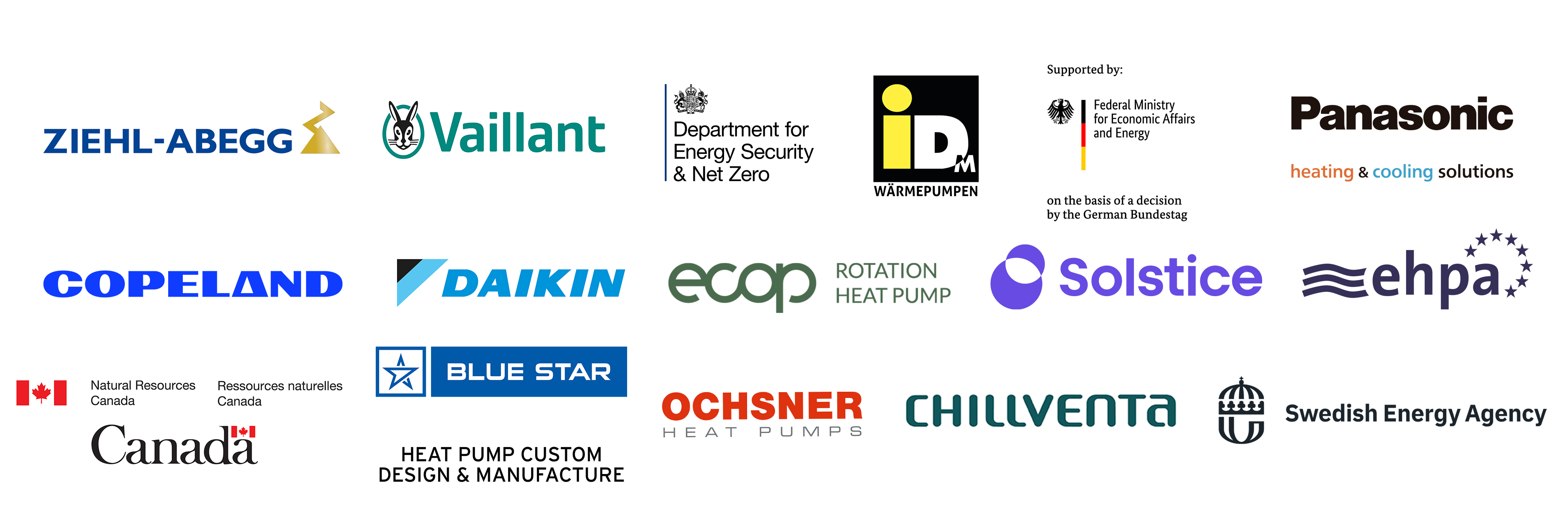 Logos of Ziehl-Abegg, Vaillant, UKs Department for Energy Security & Net Zero,  IDM Wärmepumpe, Germans Federal Ministry for Economic Affairs and Energy, Panasonic heating & cooling solutions, Copeland, Daikin, ecop Rotation heat pump, Solstice, ehpa European heat pump association, Canada Natural Resources Canada, Blue Star Heat pump custom design & manufacture, Ochsner Heat Pumps, Chillventa and Swedish Energy Agency