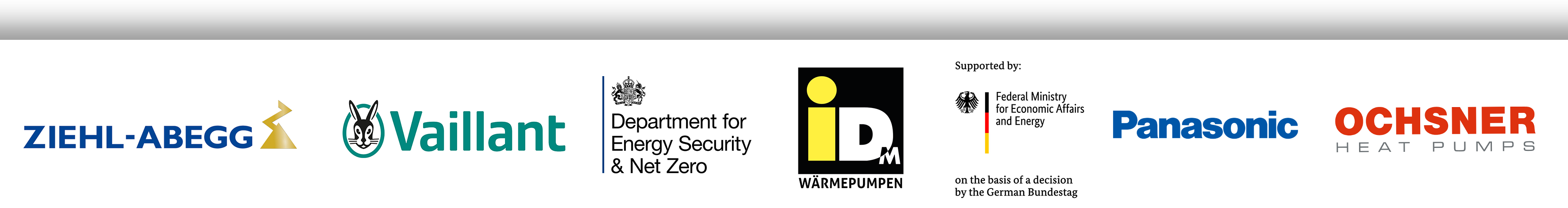 Logos of Ziehl-Abegg, Vaillant, UKs Department for Energy Security & Net Zero,  IDM Wärmepumpe, Germans Federal Ministry for Economic Affairs and Energy, Panasonic and Ochsner Heat Pumps
