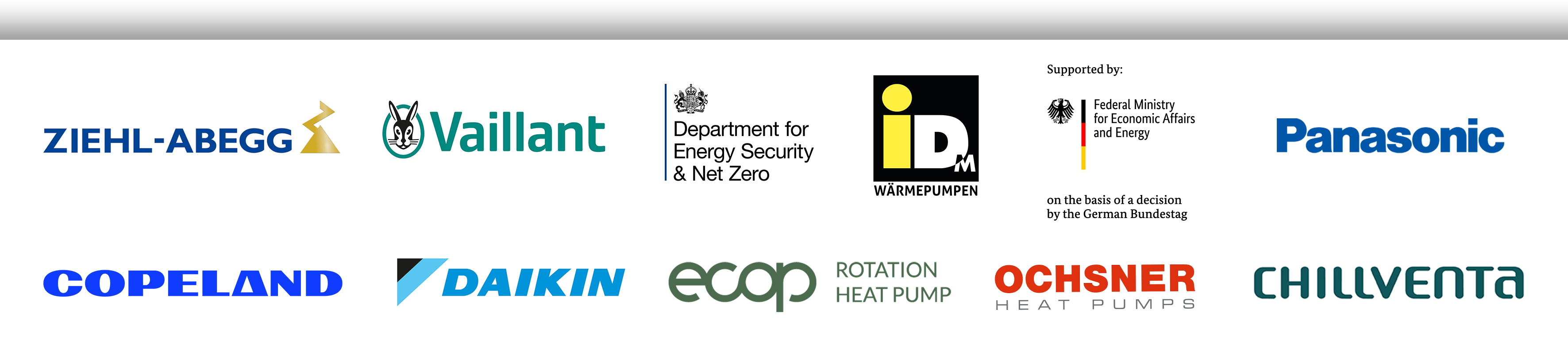 Logos of Ziehl-Abegg, Vaillant, UKs Department for Energy Security & Net Zero,  IDM Wärmepumpe, Germans Federal Ministry for Economic Affairs and Energy, Panasonic, Copeland, Daikin, ecop Rotation heat pump, Ochsner Heat Pumps and Chillventa