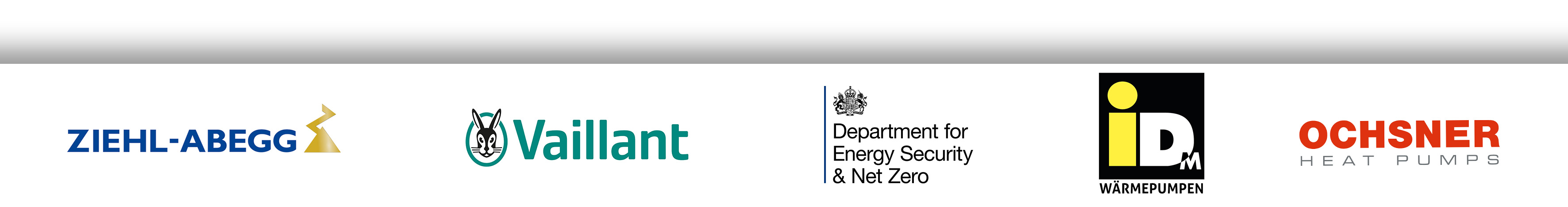 Logos of Ziehl-Abegg, Vaillant, UKs Department for Energy Security & Net Zero,  IDM Wärmepumpe and Ochsner Heat Pumps